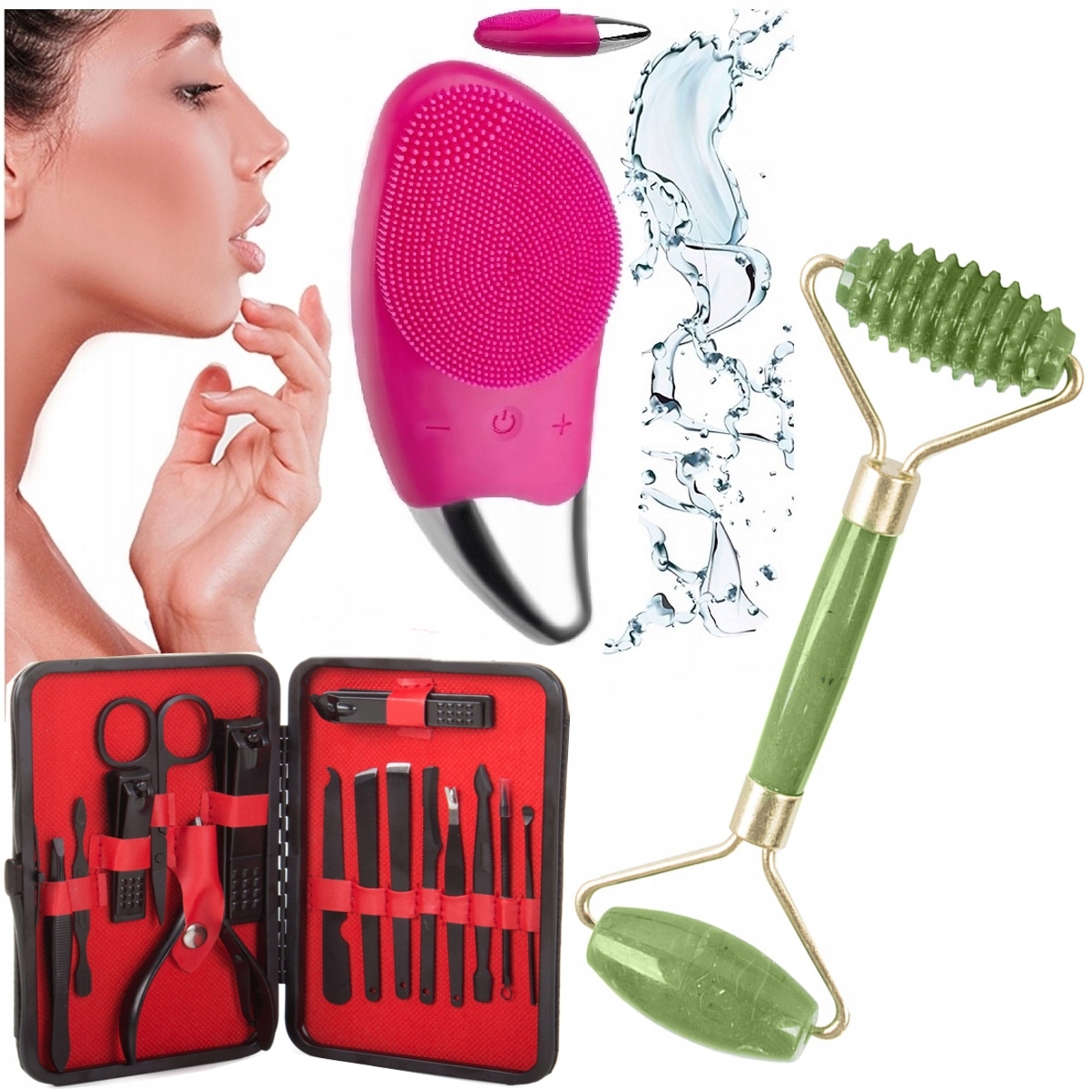 Profesionální sada Beauty 3v1 Sonický Kartáček Roller Jadeit Manicure