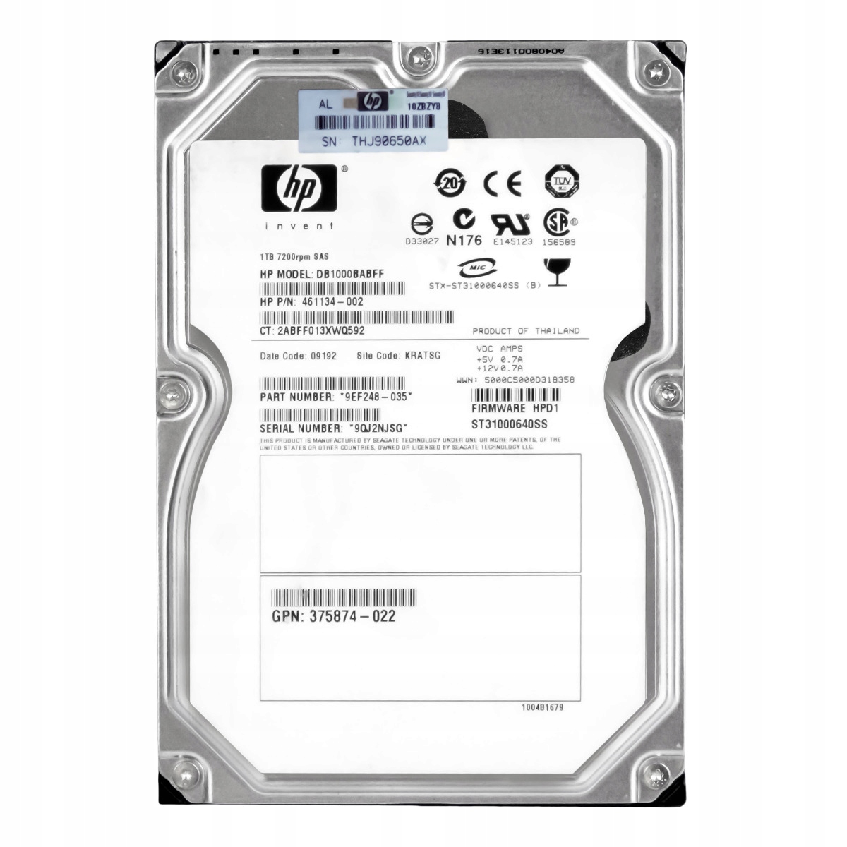 Hp 461134-002 1TB 7.2K 16MB Sas 3.5" DB1000BABFF