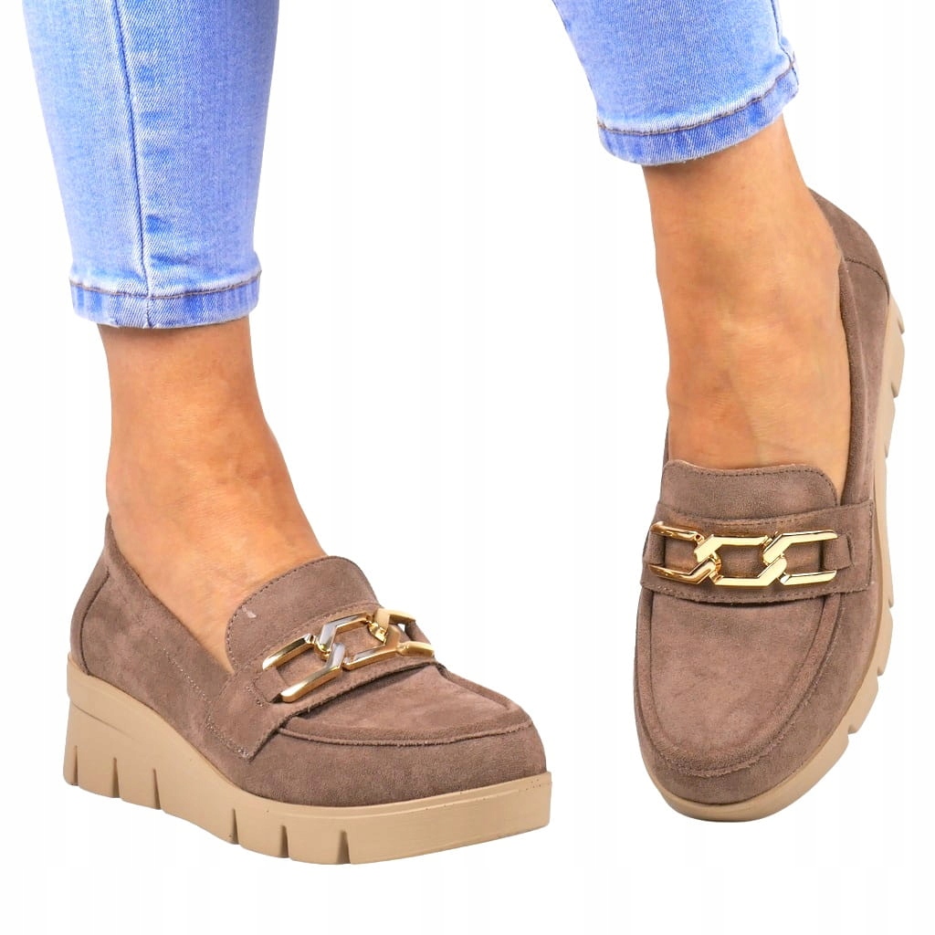 Pohodlné Dámské Mokasíny Na Koturnu, Polobotky S Přezkou, Hnědé, Semišové, Hot