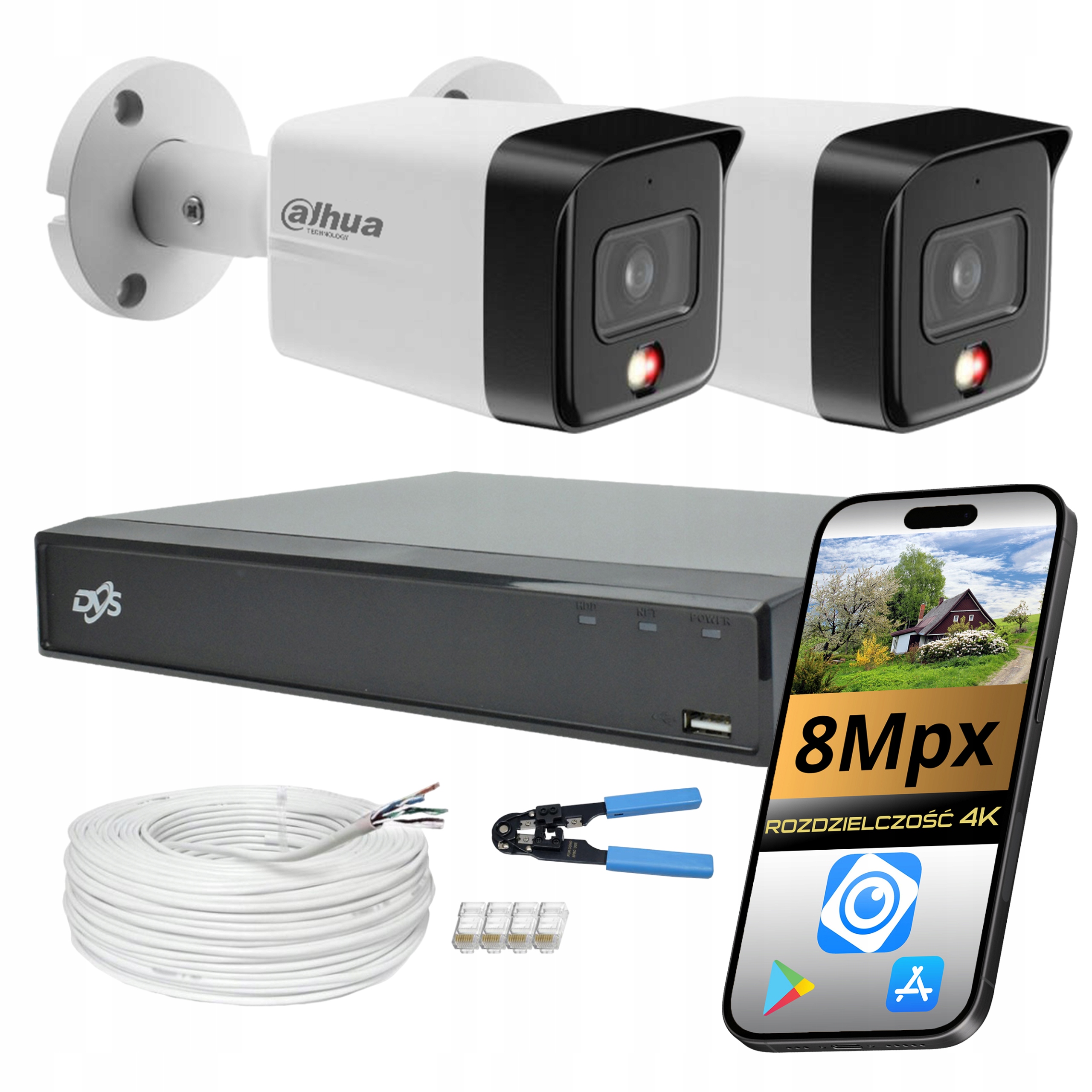 Sada Venkovního Monitorování Domu Ip PoE 8Mpx Dvě Kamery Dahua Aplikace