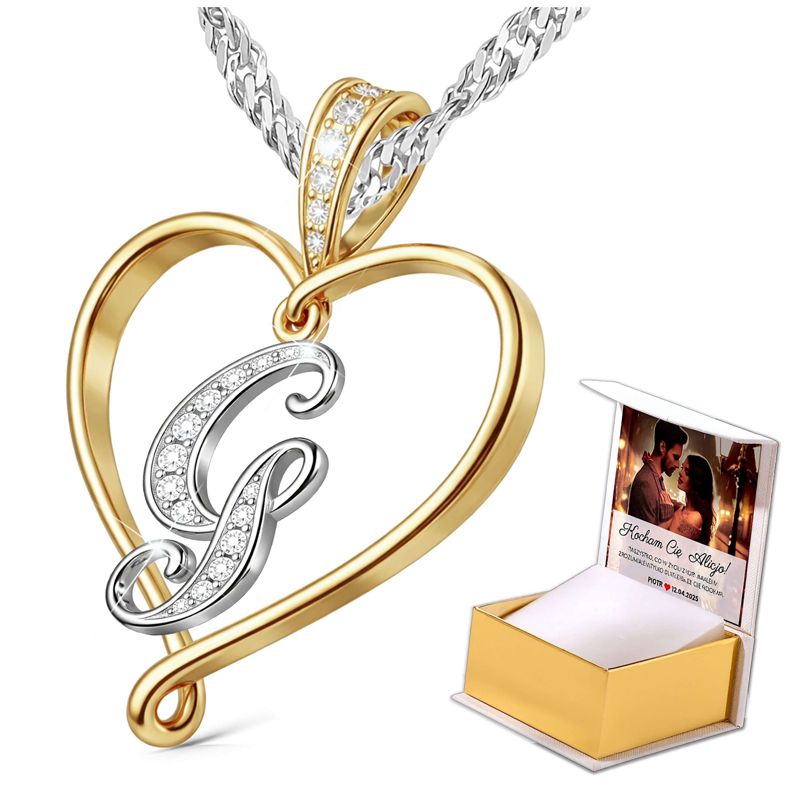 Stříbrný náhrdelník s písmenem G Srdíčko Křišťály Stříbro Potisk