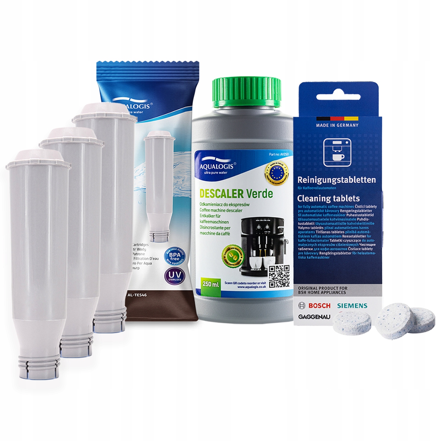 3x filtr AL-TES46 pro kávovar Bosch kapalina Verde 250 ml čisticí tablety