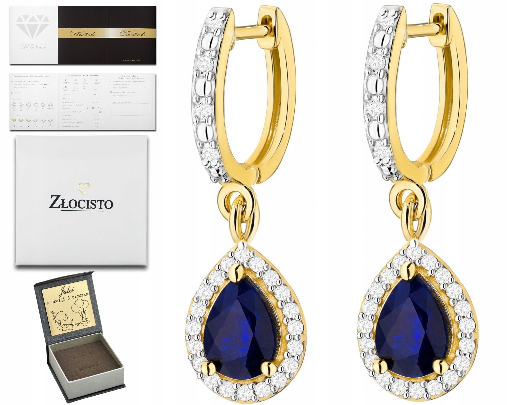 Zlaté Závěsné Náušnice S Modrým Safírovým Kamenem A Diamanty 585