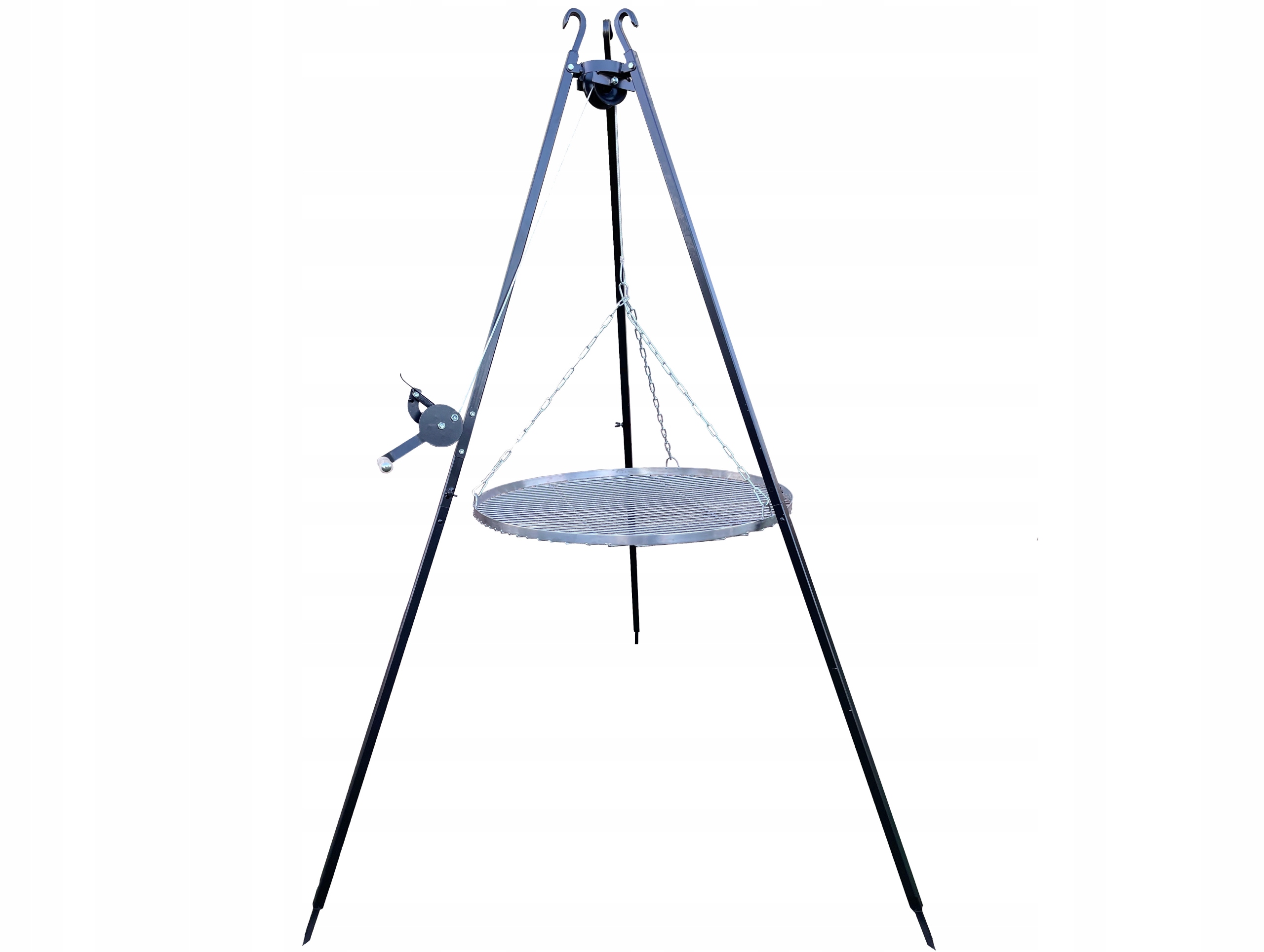 Trójnóg grill ogrodowy ruszt nierdzewny fi 60 cm nad ognisko kołowrotek