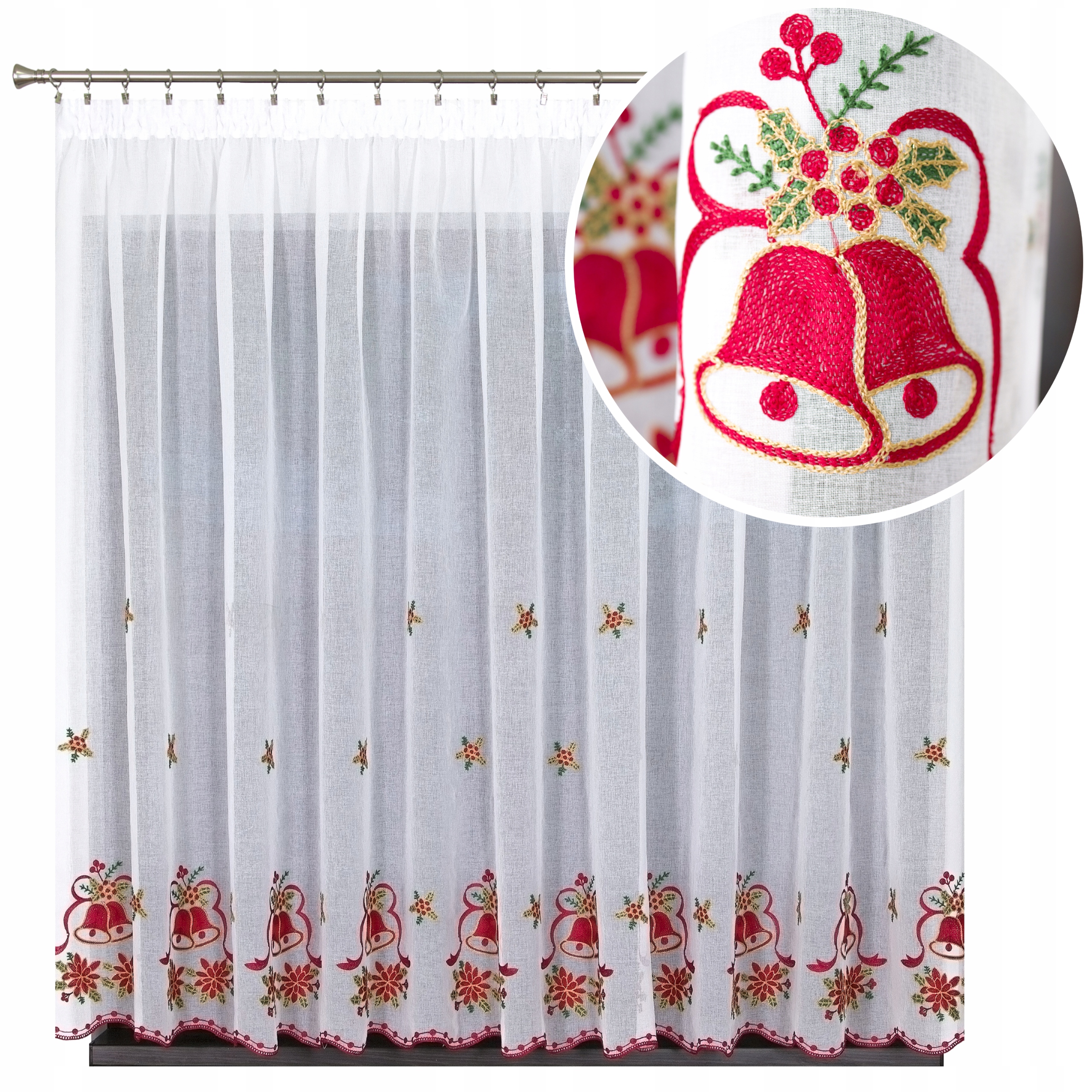 Hotová záclona Adriana s vyšívanými vánočními zvonky 400 x 160 cm s páskou