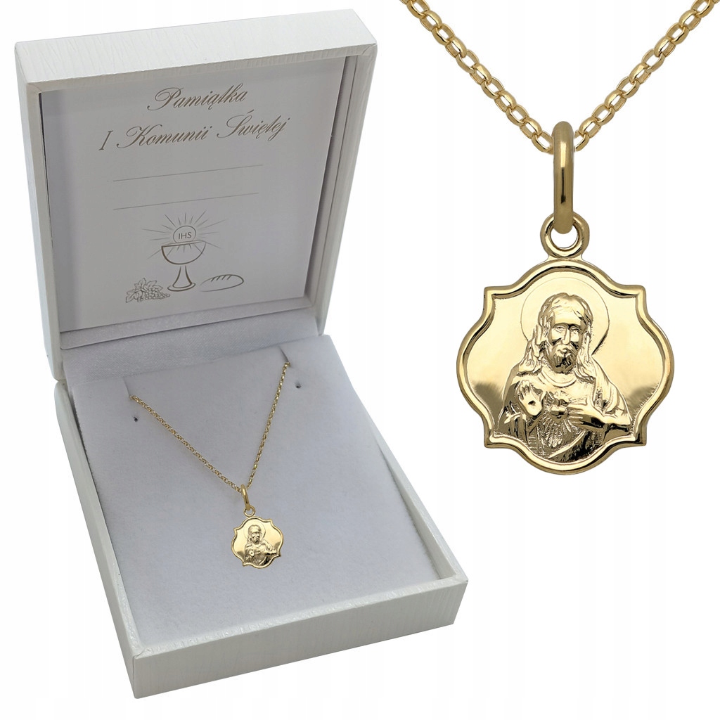 ZŁOTY KOMPLET KOMUNIA ŁAŃCUSZEK I MEDALIK 585 Chrzest Komunijny