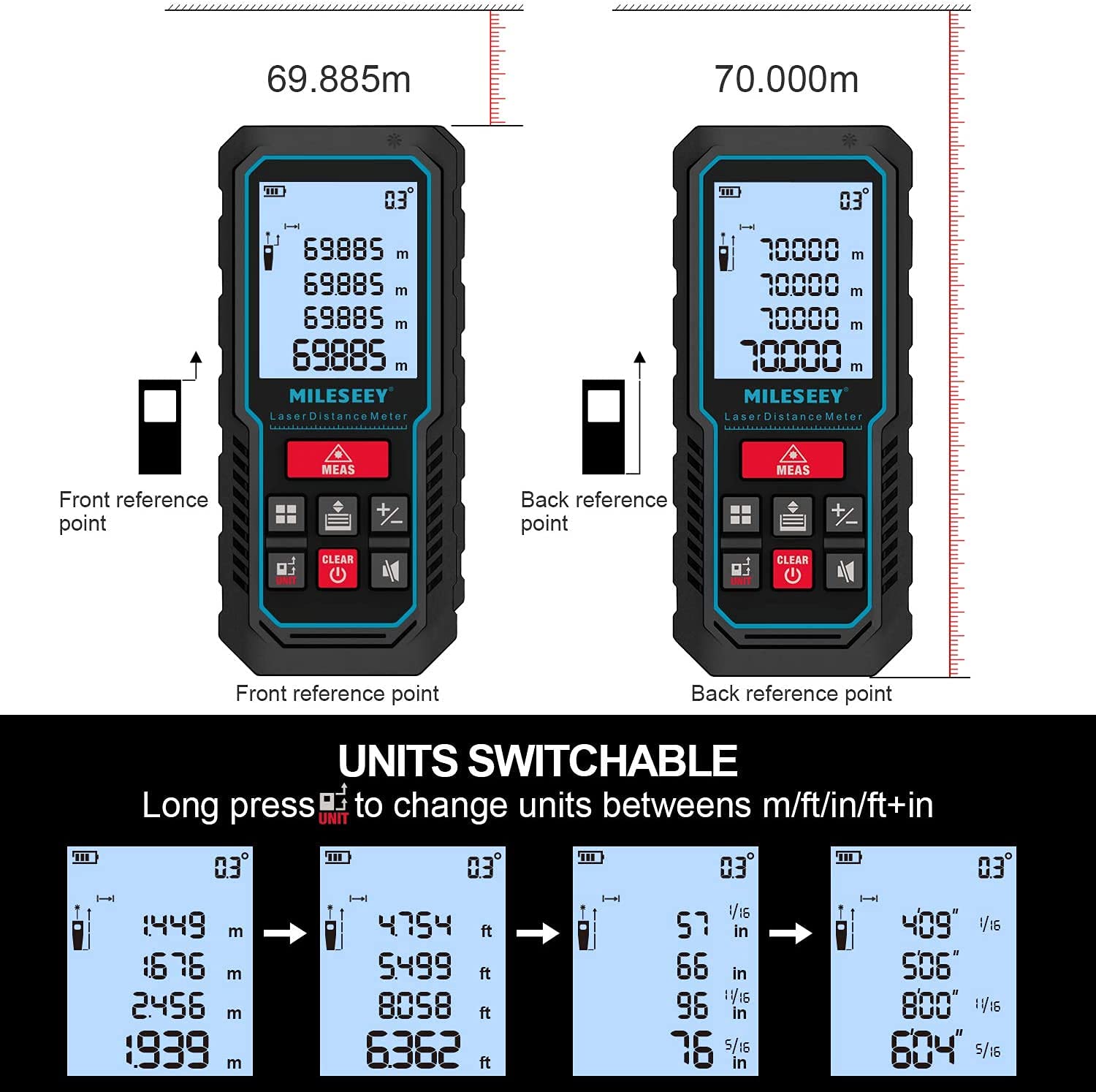 MiLESEEY Dalmierz Laserowy 70M Z Czujnikiem Nachylenia LCD 2" Bateria — miniatura 2