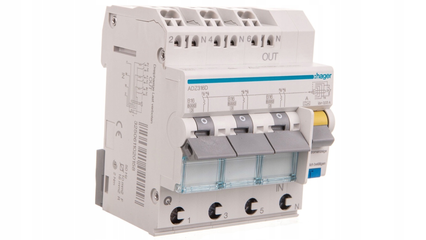 Diferenciální nadproudový spínač 3x1P+N B 16A 0,03A Typ A 6kA Rcbo ADZ316D