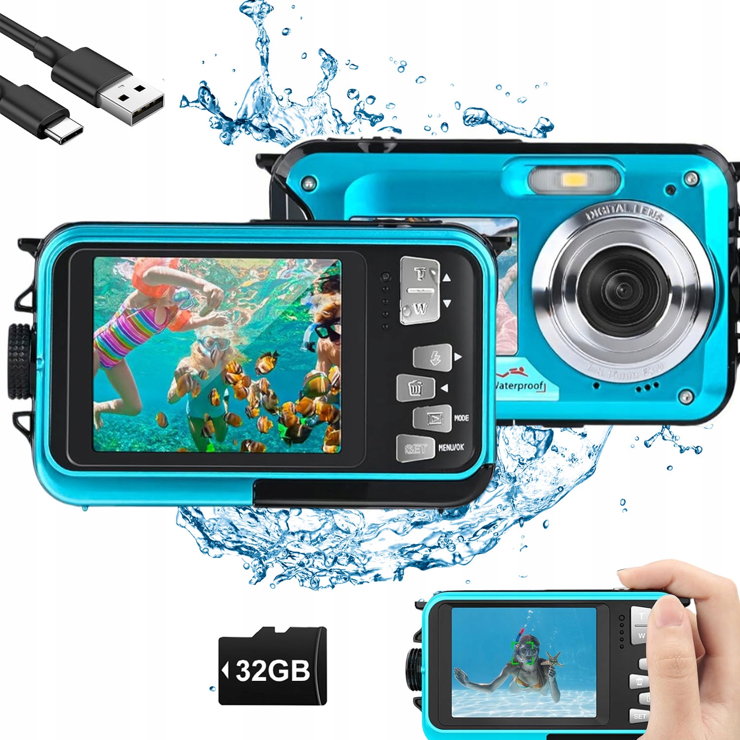 Vodotěsný Fotoaparát 48 Mp 4K Dual Screen Pro Vodní Sporty Autofocus 32 Gb