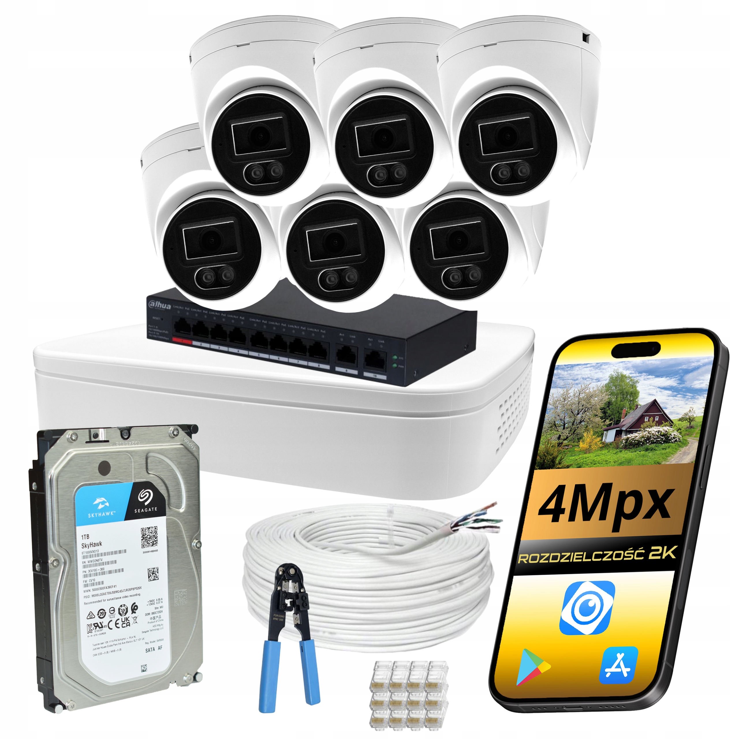 Monitorování Domu Sada 6 Ip Kamer 4MPX Poe Rekordér Dahua 1TB Disk