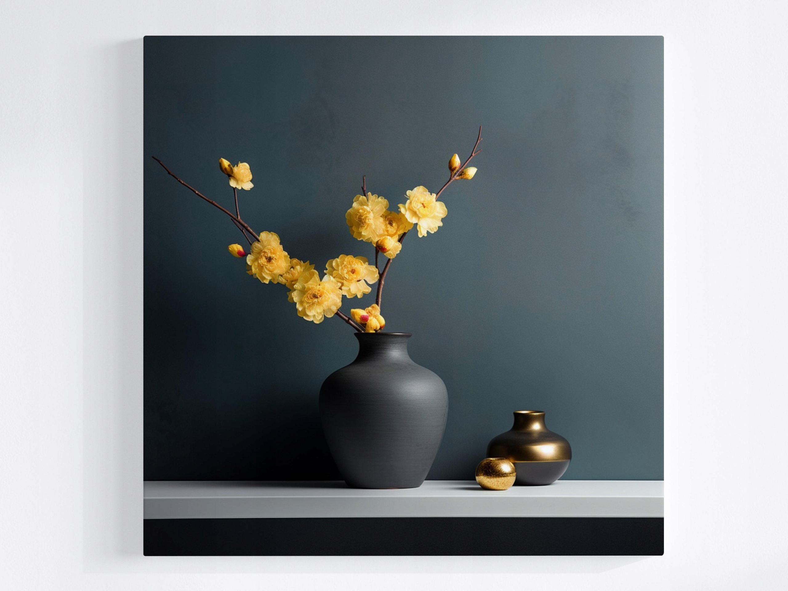Obraz Na Plátně Canvas Dekorace Žluté Květiny Váza Zlato Černá 60x60