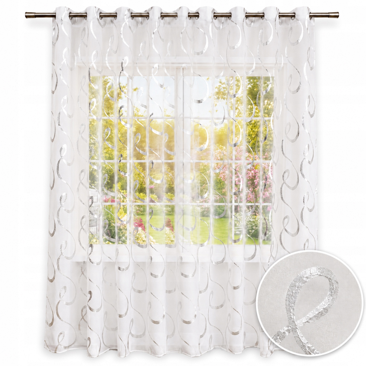 Hotová Záclona Etamina Elegantní stříbrný vzor 300x250 na průchodkách
