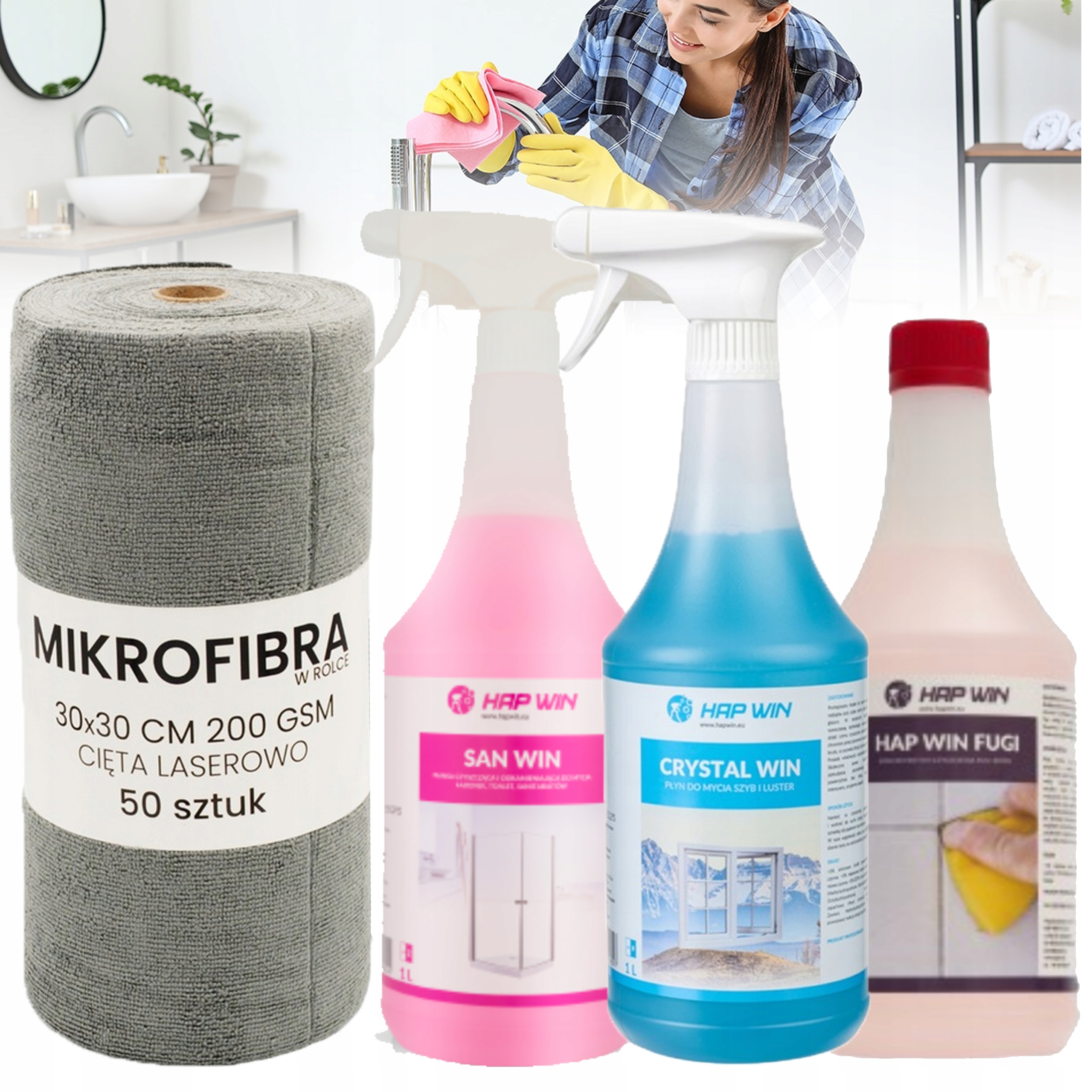 Levně Set Hap Win Kapalina Na Sklo Zrcadla Sanitárních Spár 50x Mikrovlákno Na Roli