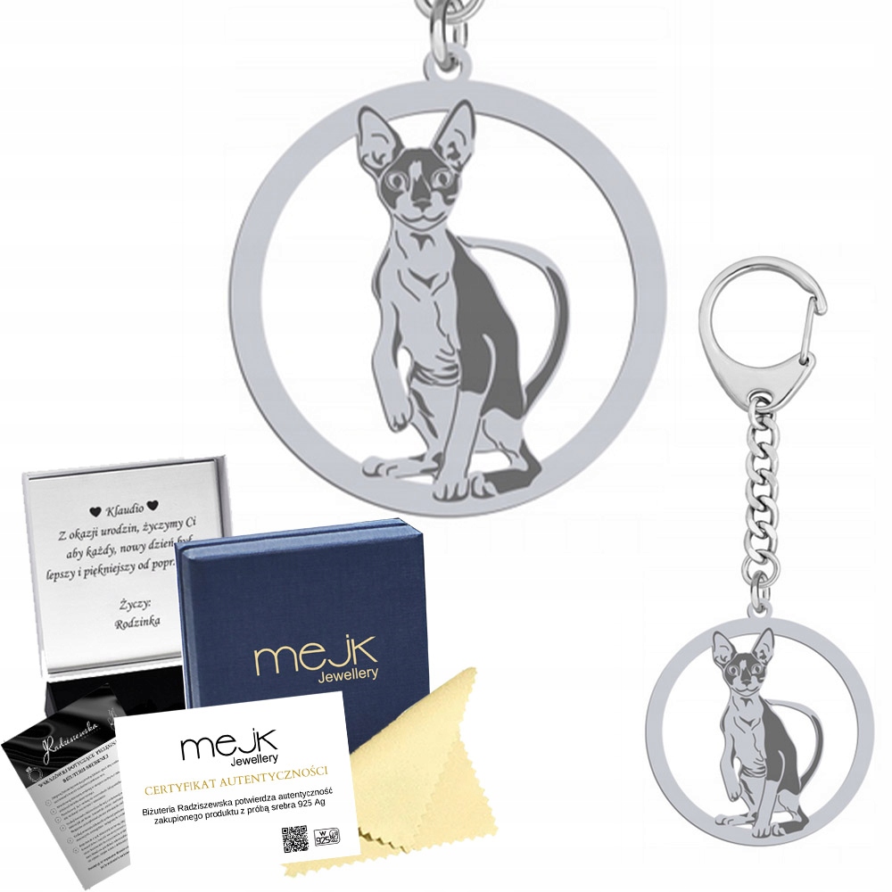 Stříbrný Přívěsek Na Klíče na klíče s kočkou Cornish Rex 925 Šperky Dárek Gravírování