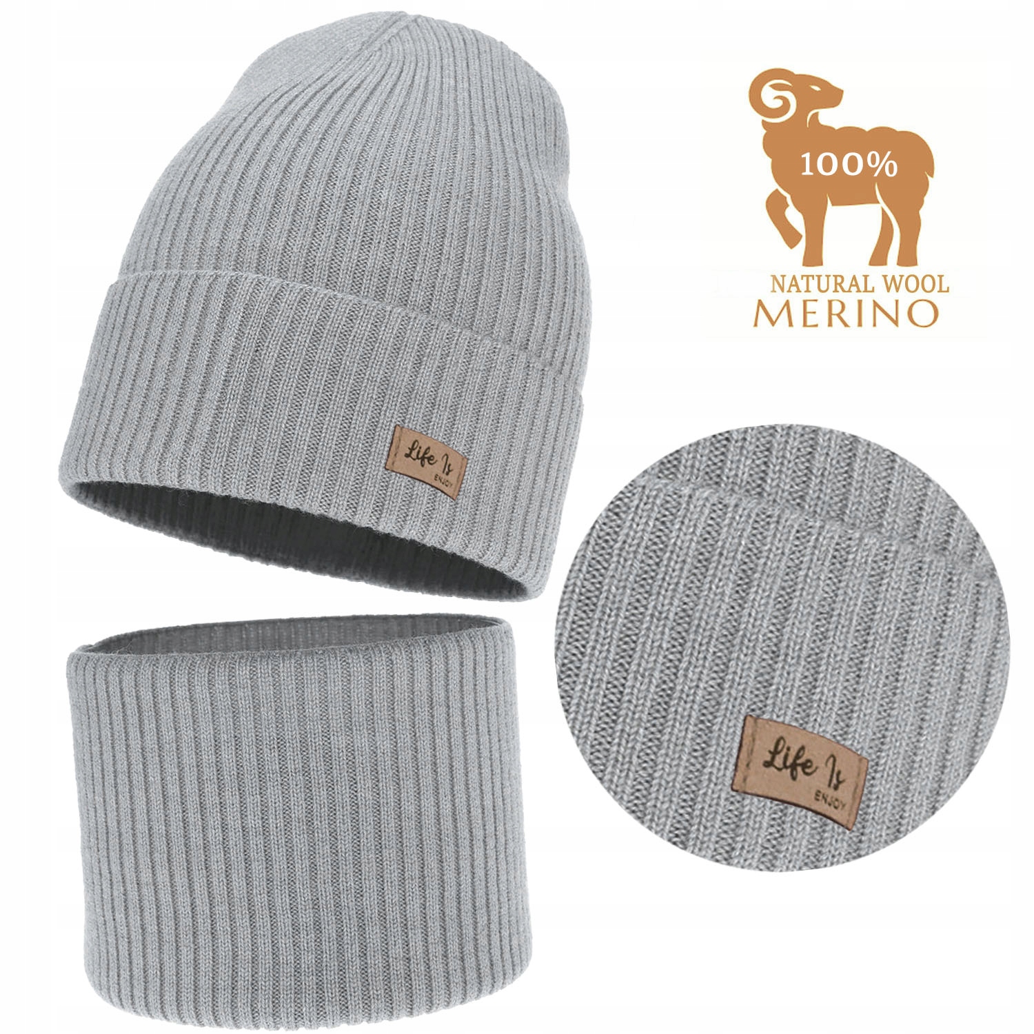 Szary Komplet Wełna Merino Czapka Komin jesień wiosna Prążek r 54-58
