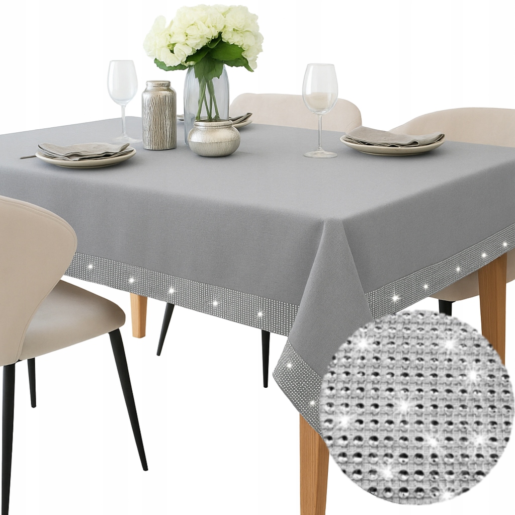 Šedý ubrus na stůl Glamour Stříbrné zirkony 150X260, vánoční lesklý
