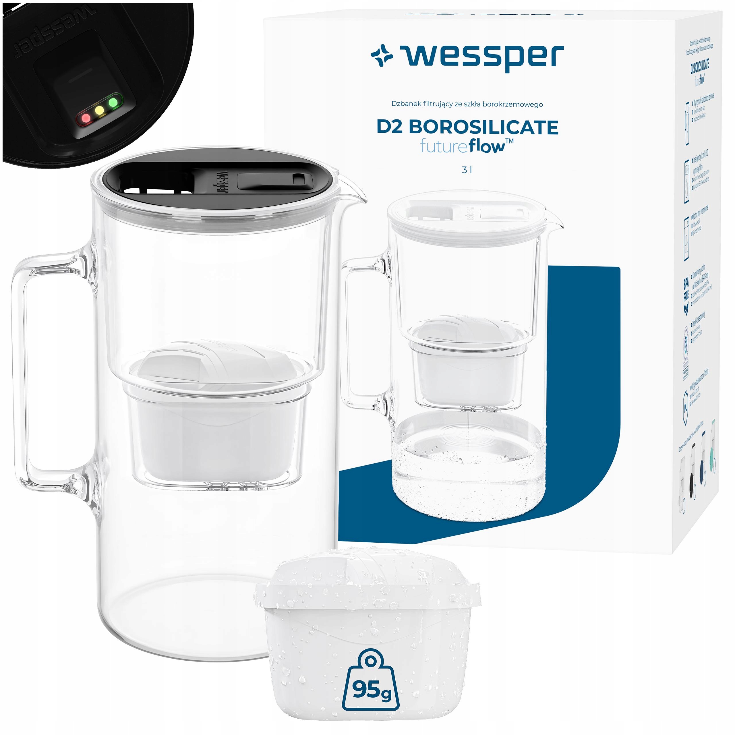 Skleněná filtrační konvice Wessper D2 Borosilicate 3 l futureflow 2x filtr