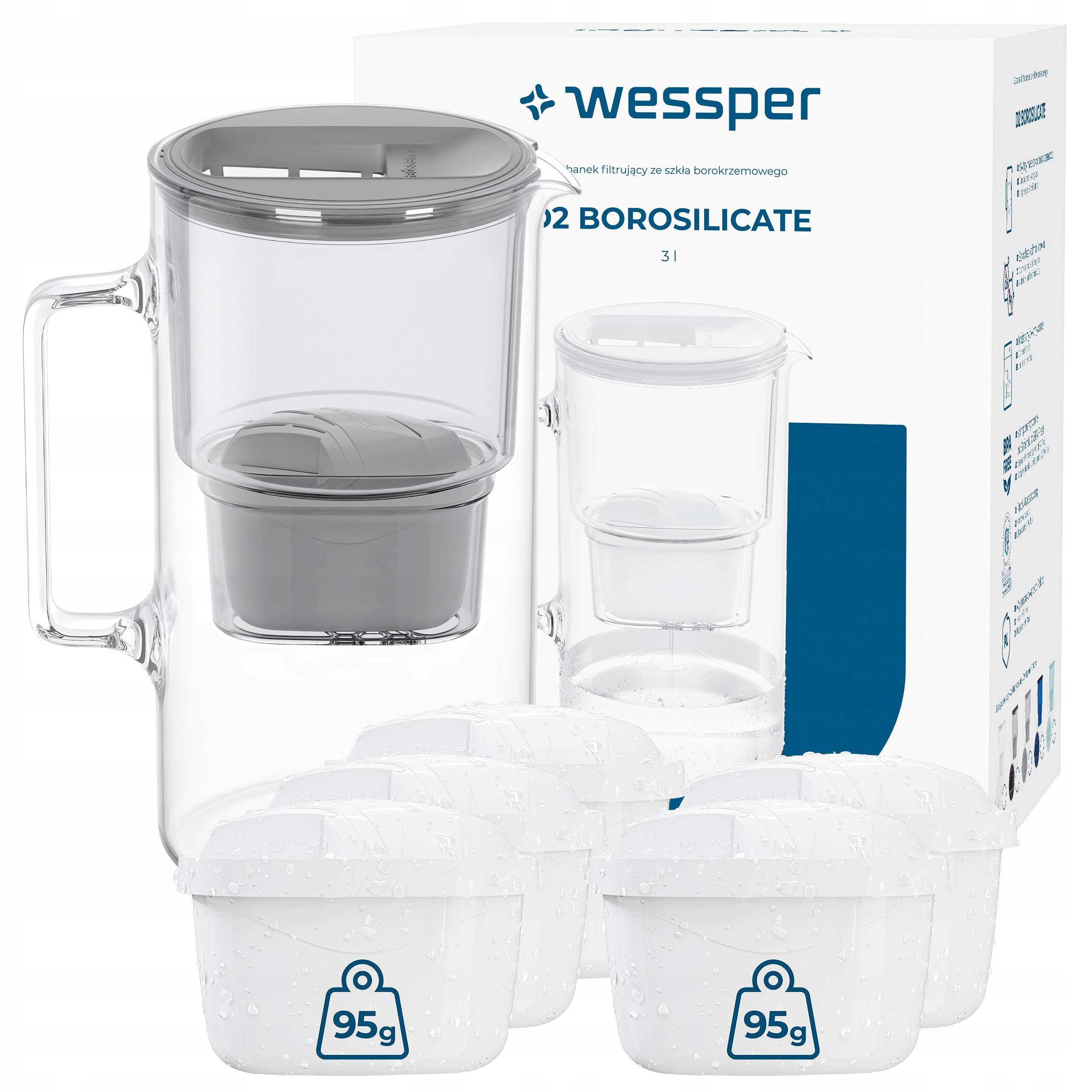 Skleněný Džbán Wessper D2 Borosilicate 3 l 6 x Filtrační Vložka Na Vodu Wessper