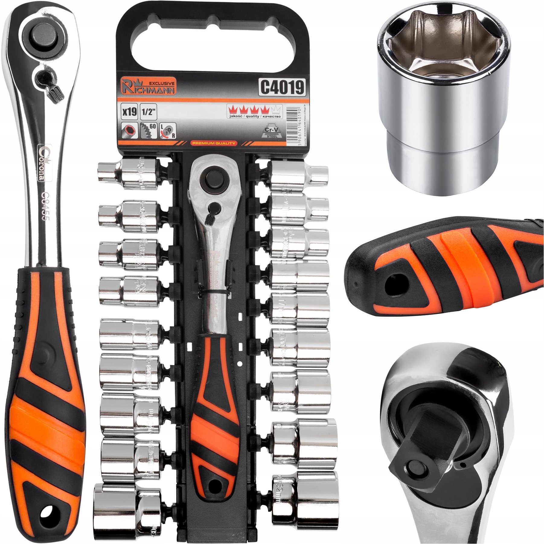 Klíč Ráčnový 1/2" Nástavce 6-HRANNÉ 8-32 MM, Sada 19 Ks