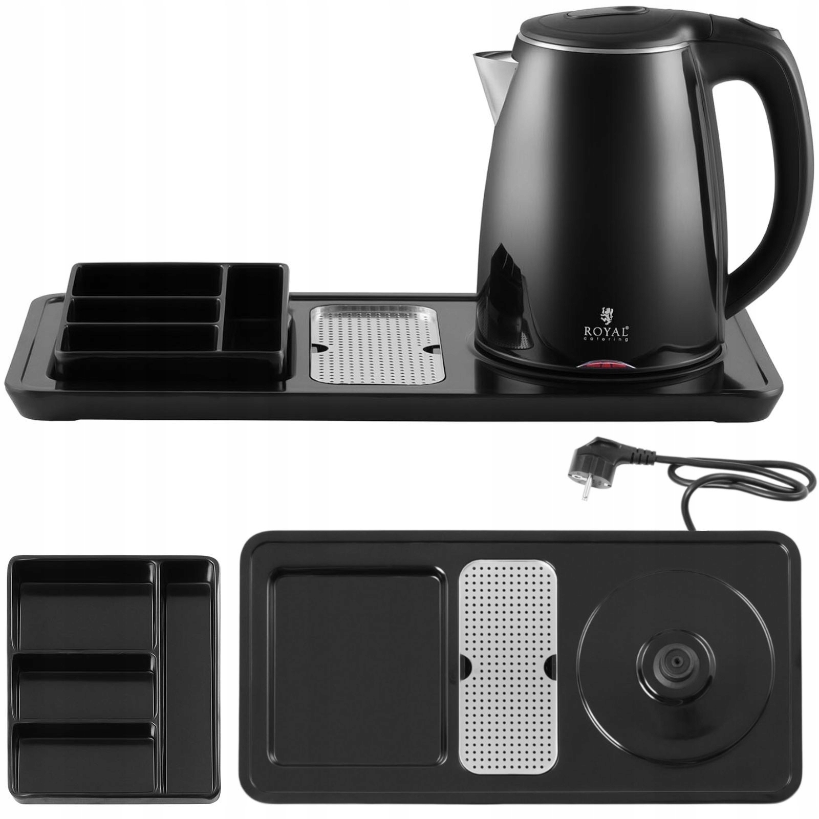 Hotelová elektrická rýchlovarná kanvica oceľ 1,2 l 1550 W podnos 45x22x21 cm