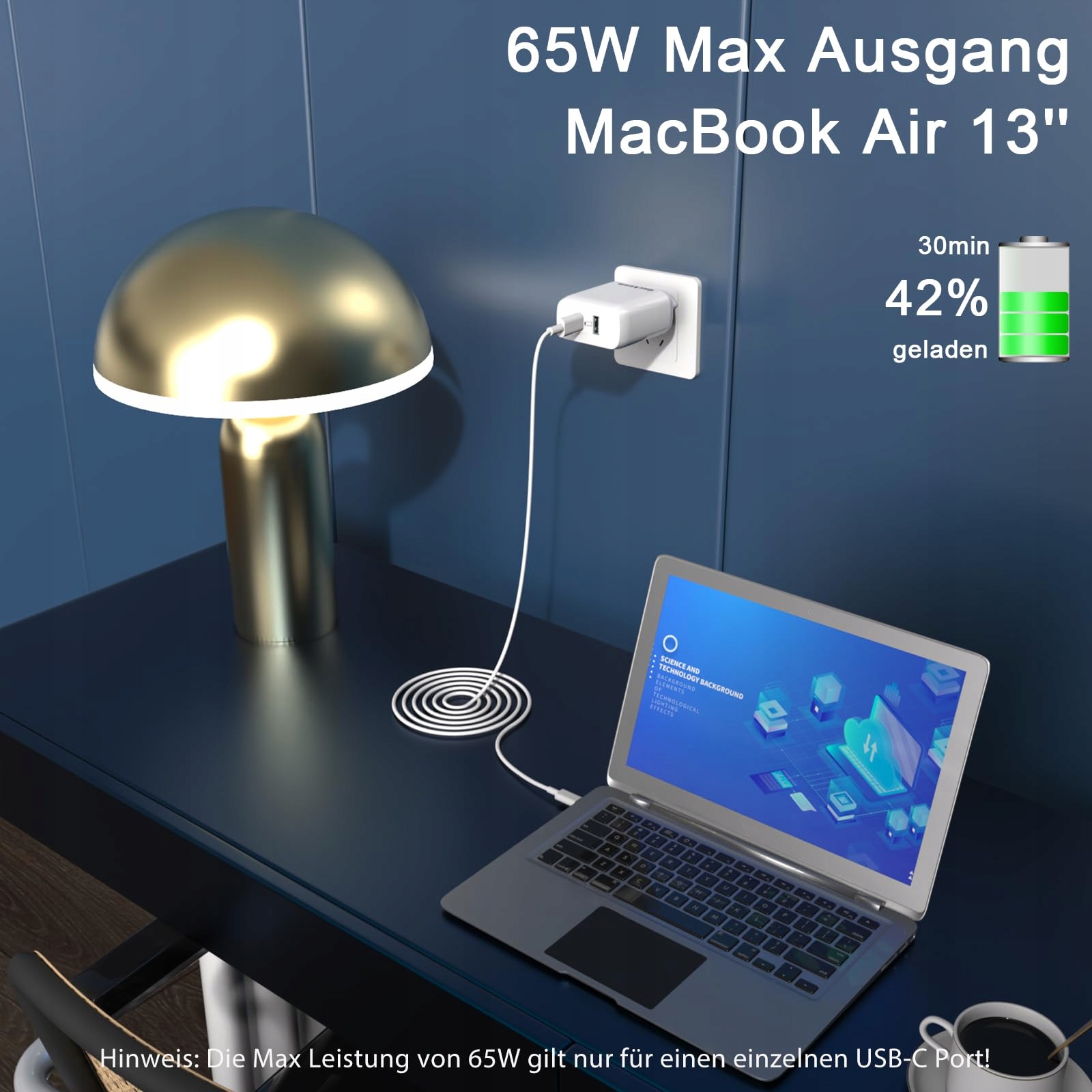 QACKENM Ładowarka USB C 65W GaN Szybkie Ładowanie 2-Porty Kabel 2M — miniatura 3