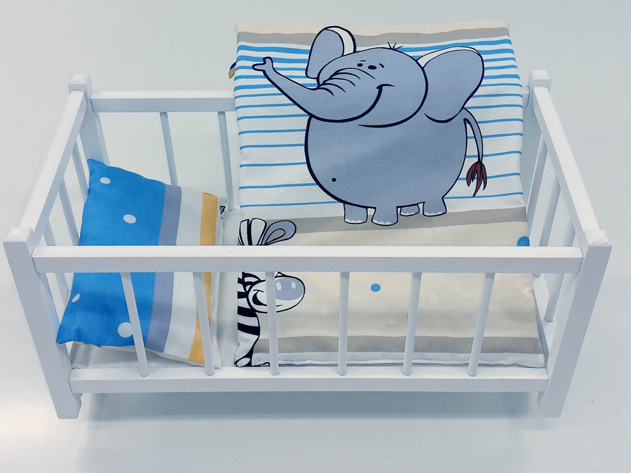 BIAŁE DREWNIANE ŁÓŻECZKO DLA LALEK + POŚCIEL 3 elementy