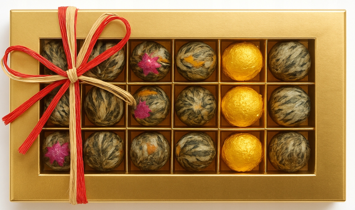 Levně Sada Kvetoucích čajů 18 ks bonboniéra zlatá s ozdobnou stuhou