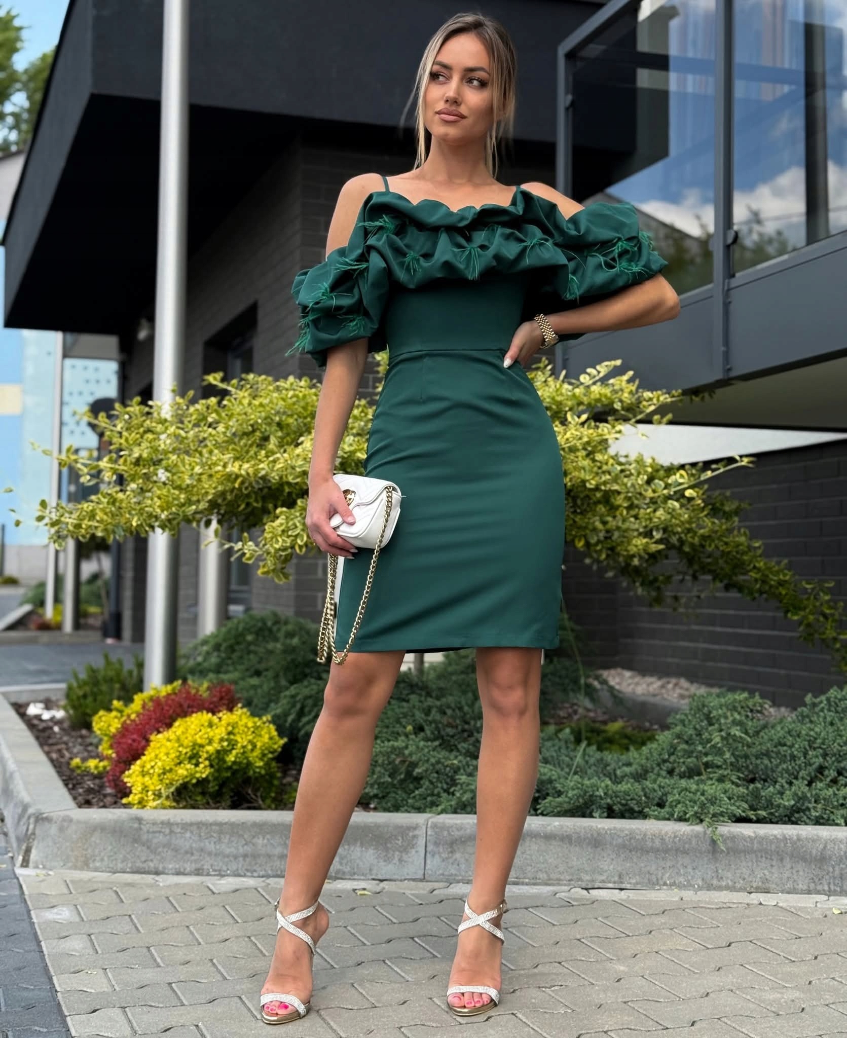 Šaty Večerní Španělka Falbany Dámská pera Zeleň Xs