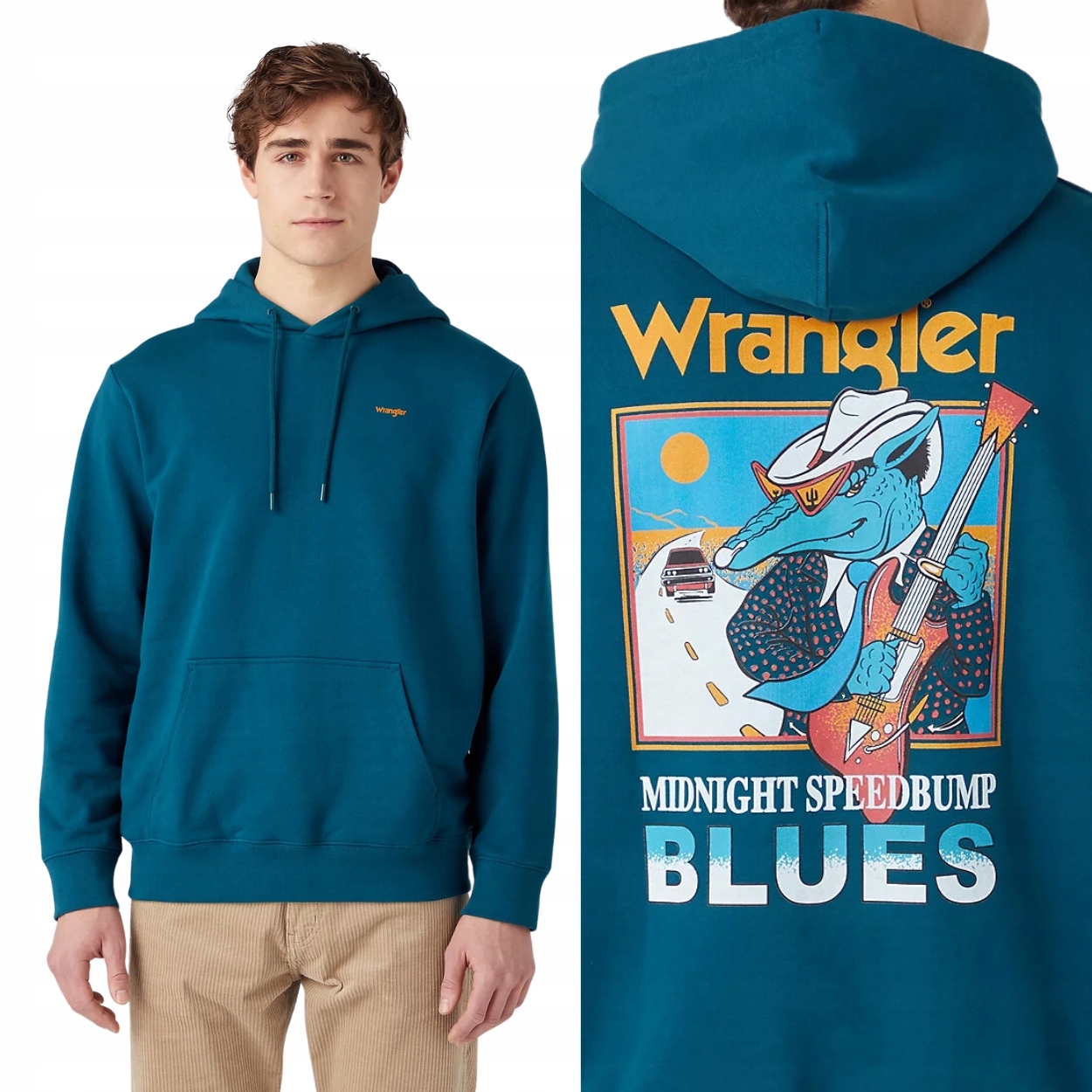 Wrangler Logo Hoodie Teal bavlněná mikina s kapucí (klokanka) s potiskem XXL