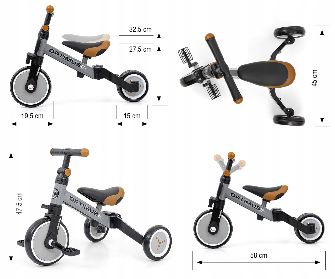 Rowerek 3w1 Optimus Grey Pedały Pchacz Rower Na Pedały Stabilny Nauka Jazdy