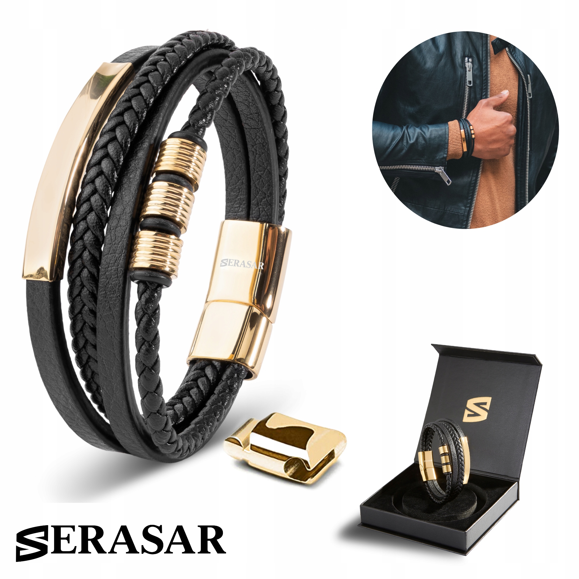 Serasar, Kožený náramek pro muže [Brave] zlatý, 20 cm