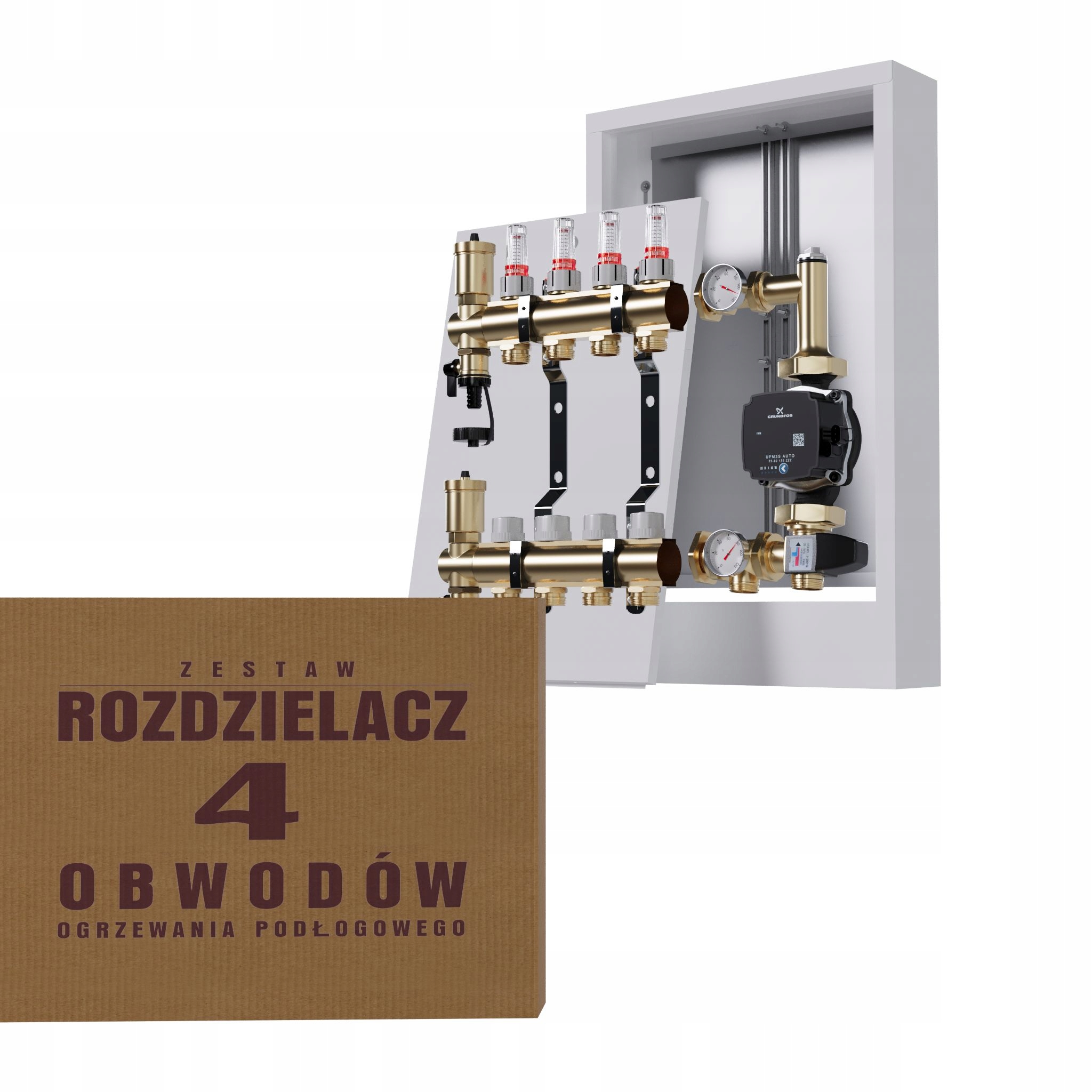 Rozdeľovač na podlahu 4 okruhy s čerpadlom Grundfos nástenná skrinka