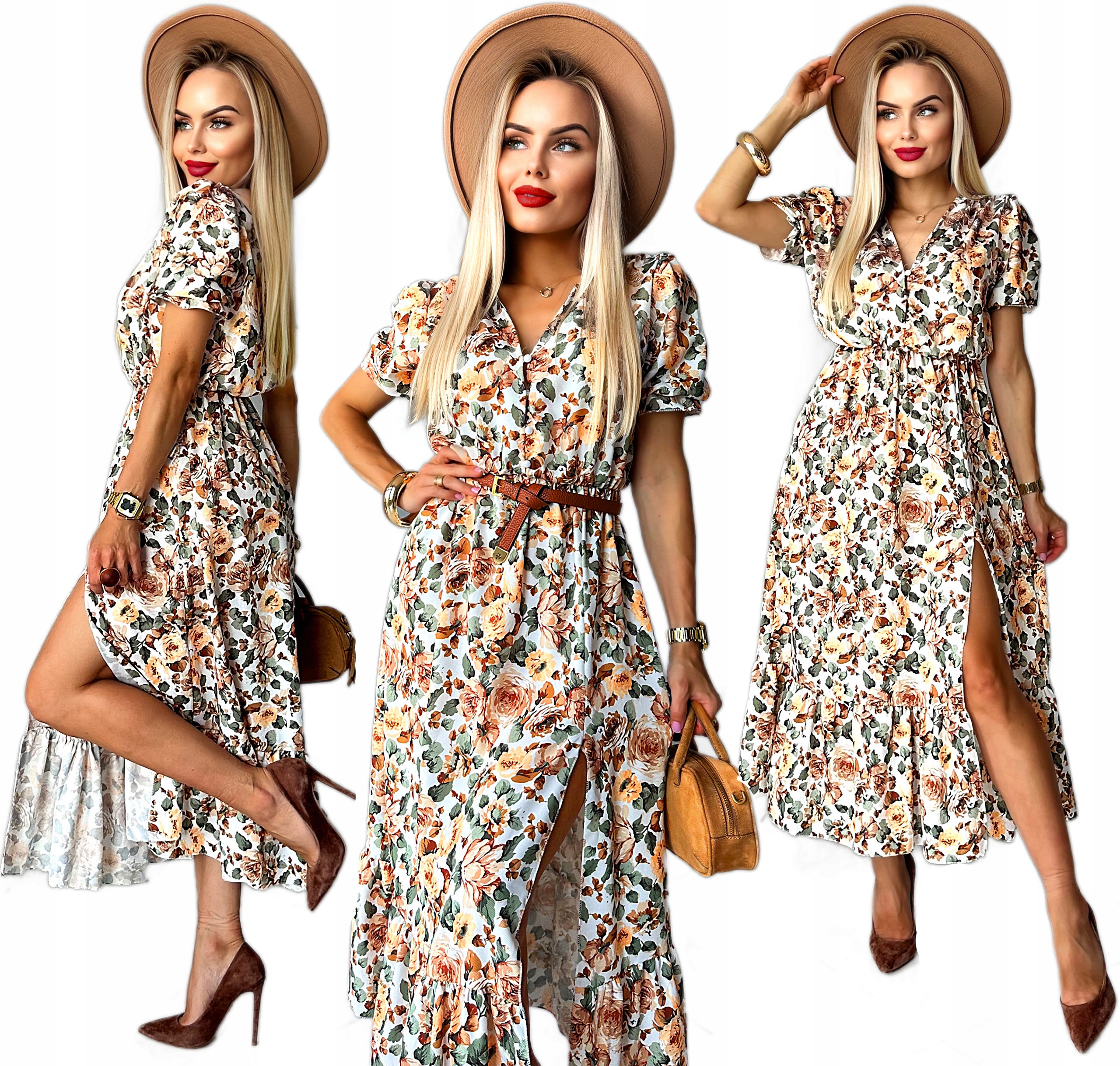 Sukienka w kwiaty Damska letnia luźna midi bufki dekolt kwiaty M990