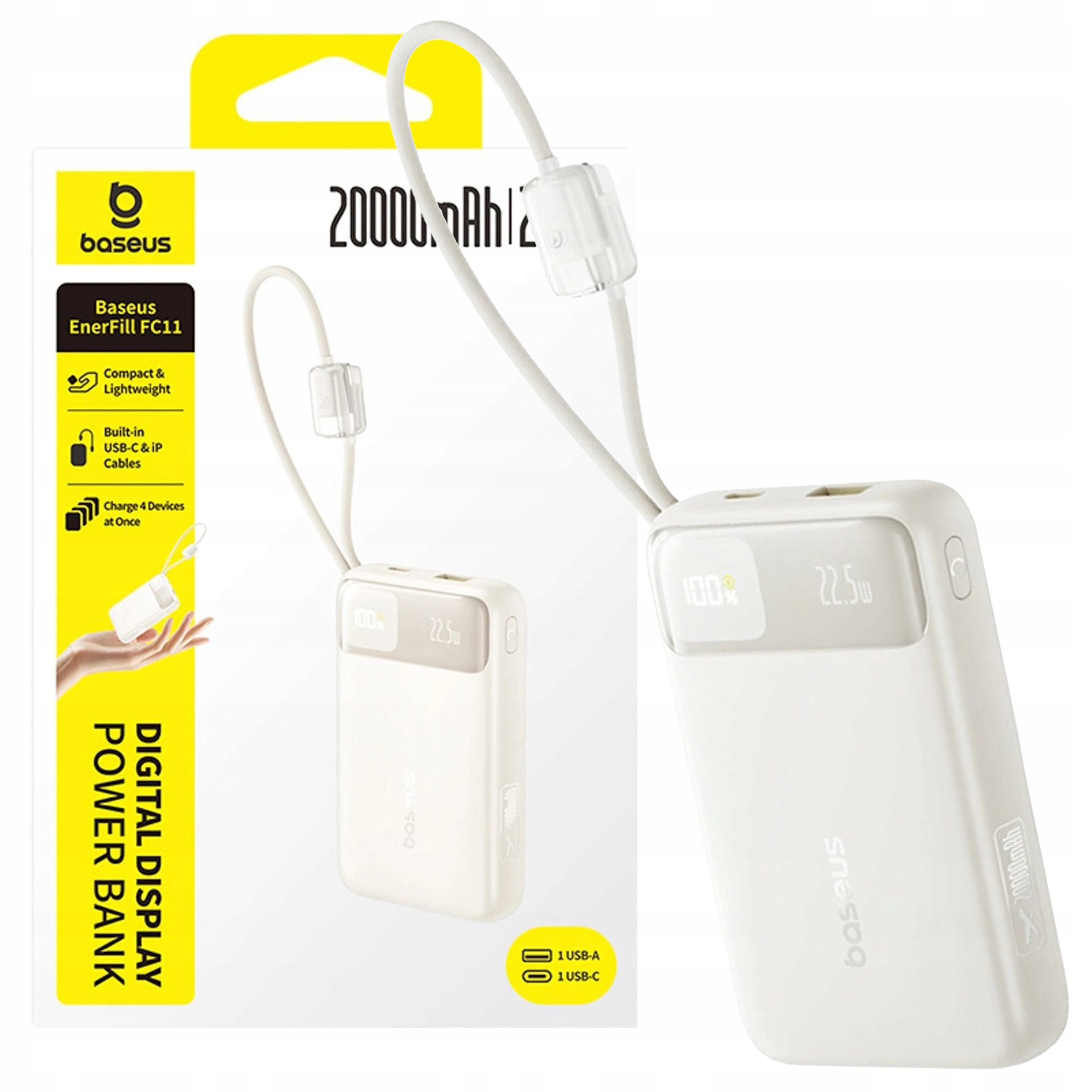 Baseus Powerbanka 20000 mAh 22.5 W Vestavěné Kabely Usb-c Usb-a Led Displej