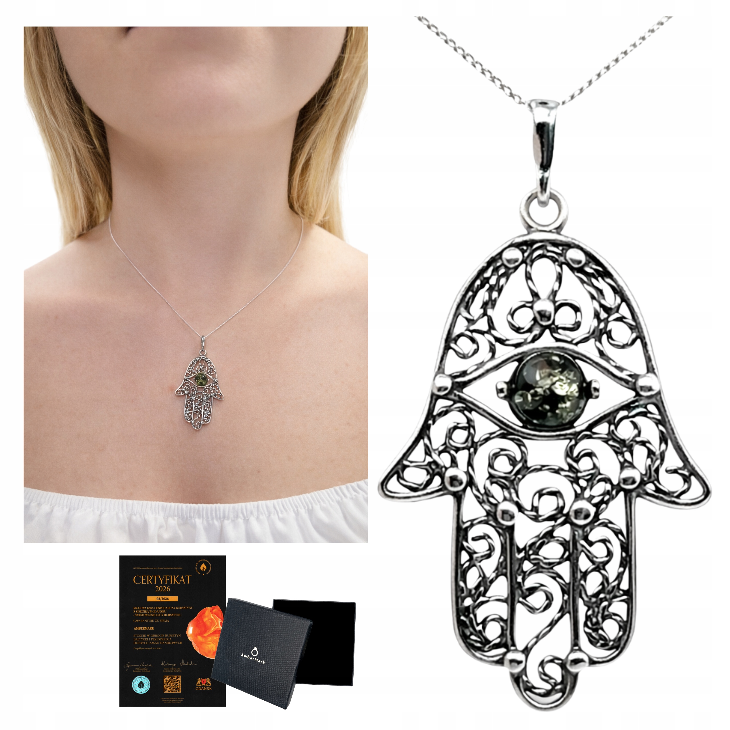 Přívěsek ruka fatimy 925 stříbro oxidované s jantarem hamsa přívěsek