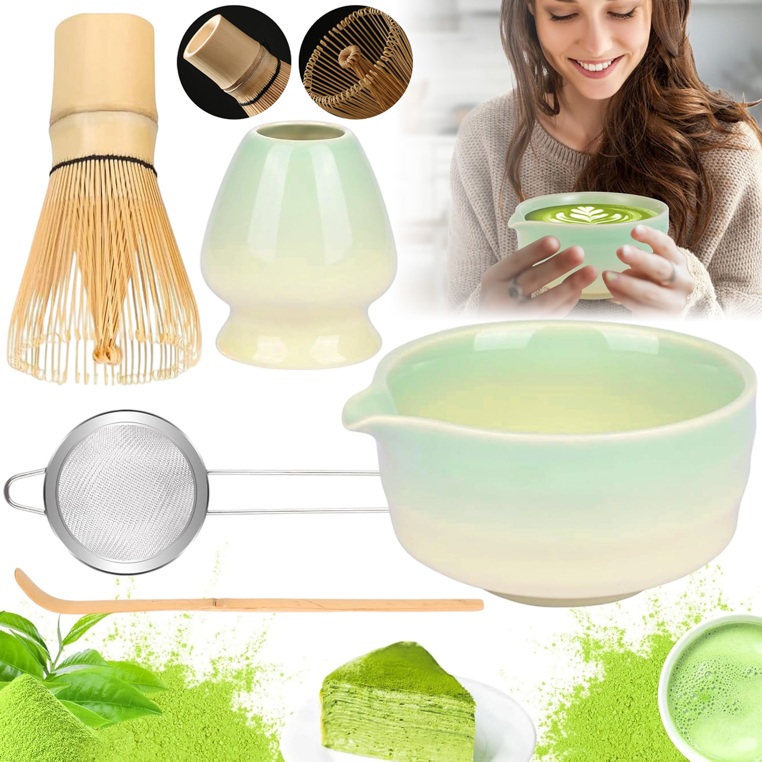 Levně Dárková Sada Na Čaj Matcha Šálek Metla Vánoční Dárky