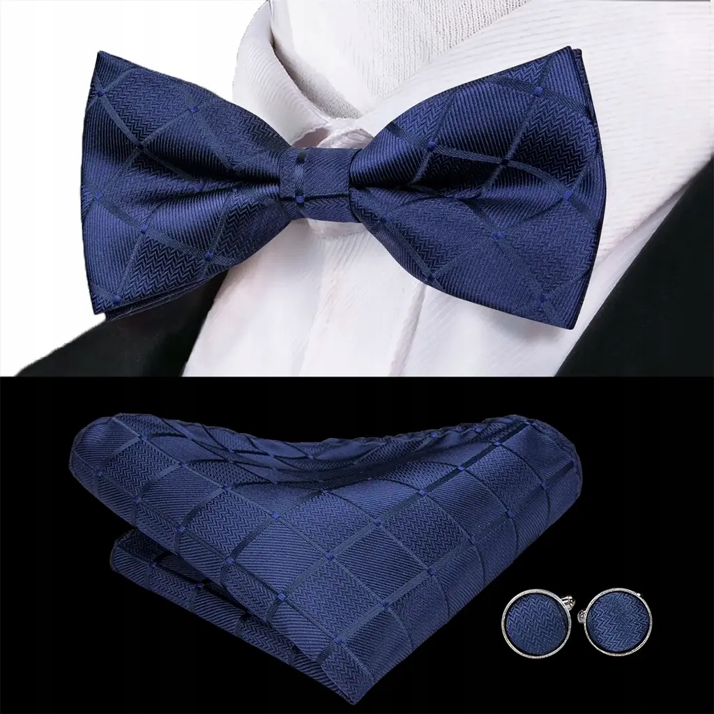 Motýlek Pánská hedvábná sada Muška Sponky Kapesníček Tmavě modrá Mřížka