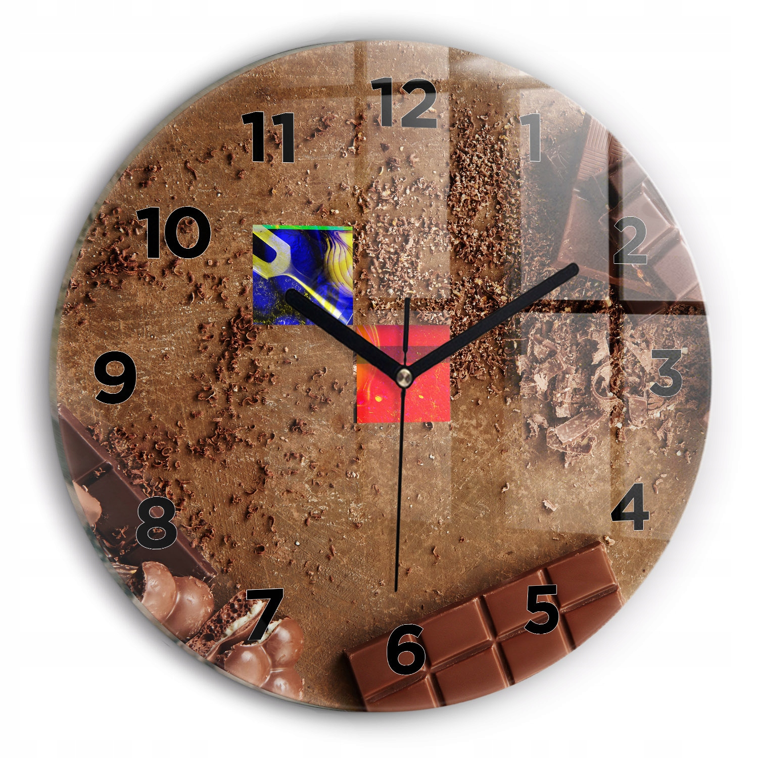 Dekorativní skleněné hodiny na zeď s grafikou, tabulkou čokolády, průměr 30 cm