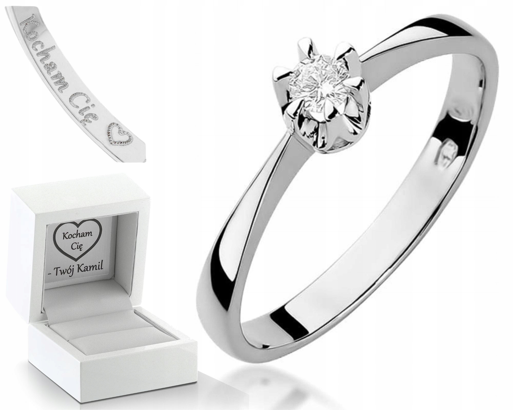 Bílé Zlato Zlatý Prstýnek Zásnubní Diamant Gravírování Bonus 585 Dárek