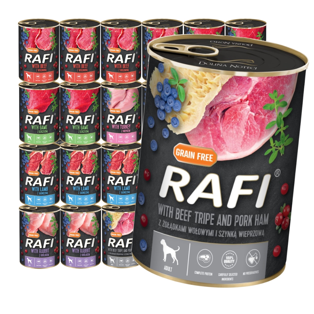 Rafi Vlhké Krmivo pro psa Mix 6 příchutí Sada plechovek 24x400g