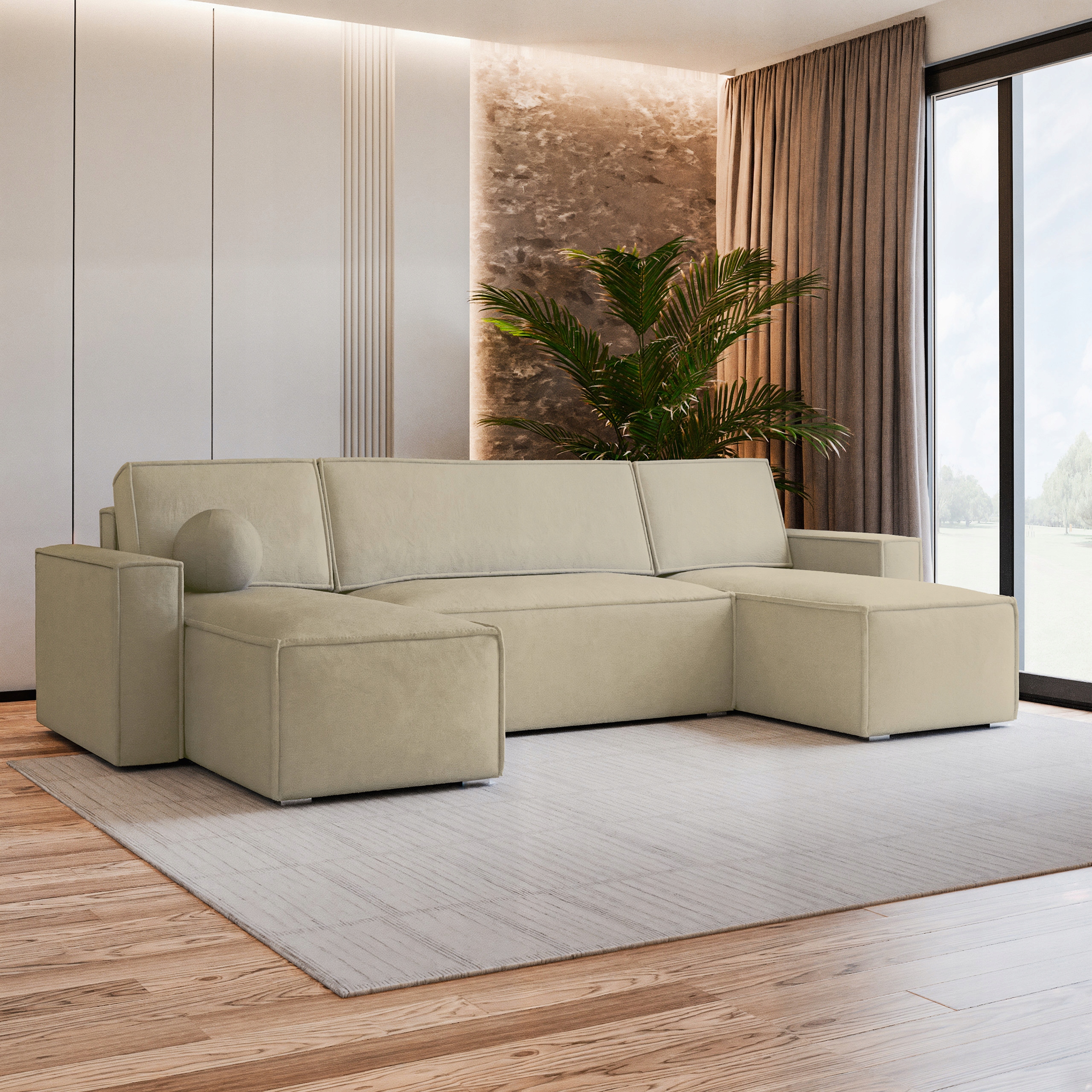 Rohová Sedací Souprava Pesano Funkce Spaní Klasický Velur Krémová