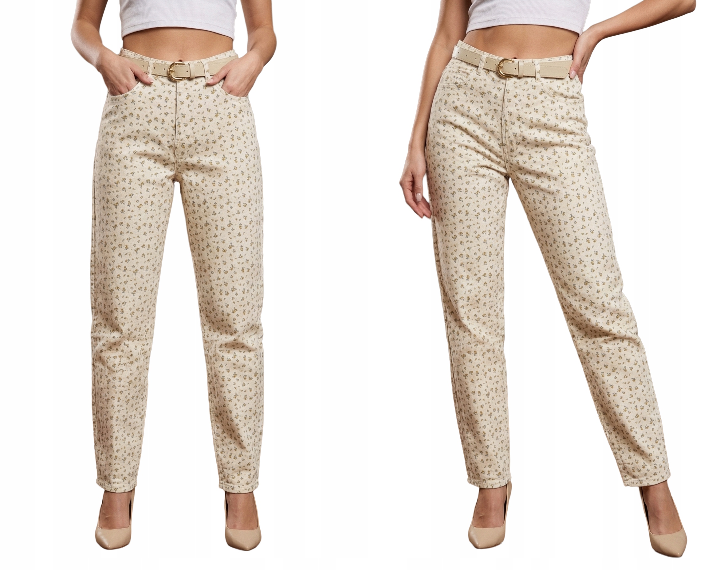 Klasyczne Spodnie Damskie Mom Fit Jeansy Kwiaty Luźne Wysoki Stan Beżowe Xs