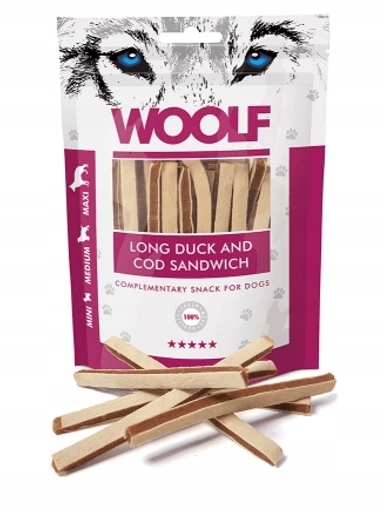 5 x Woolf Duck Cod Sandwich Proužky Kuřecí Příčesek Pamlsek 100G