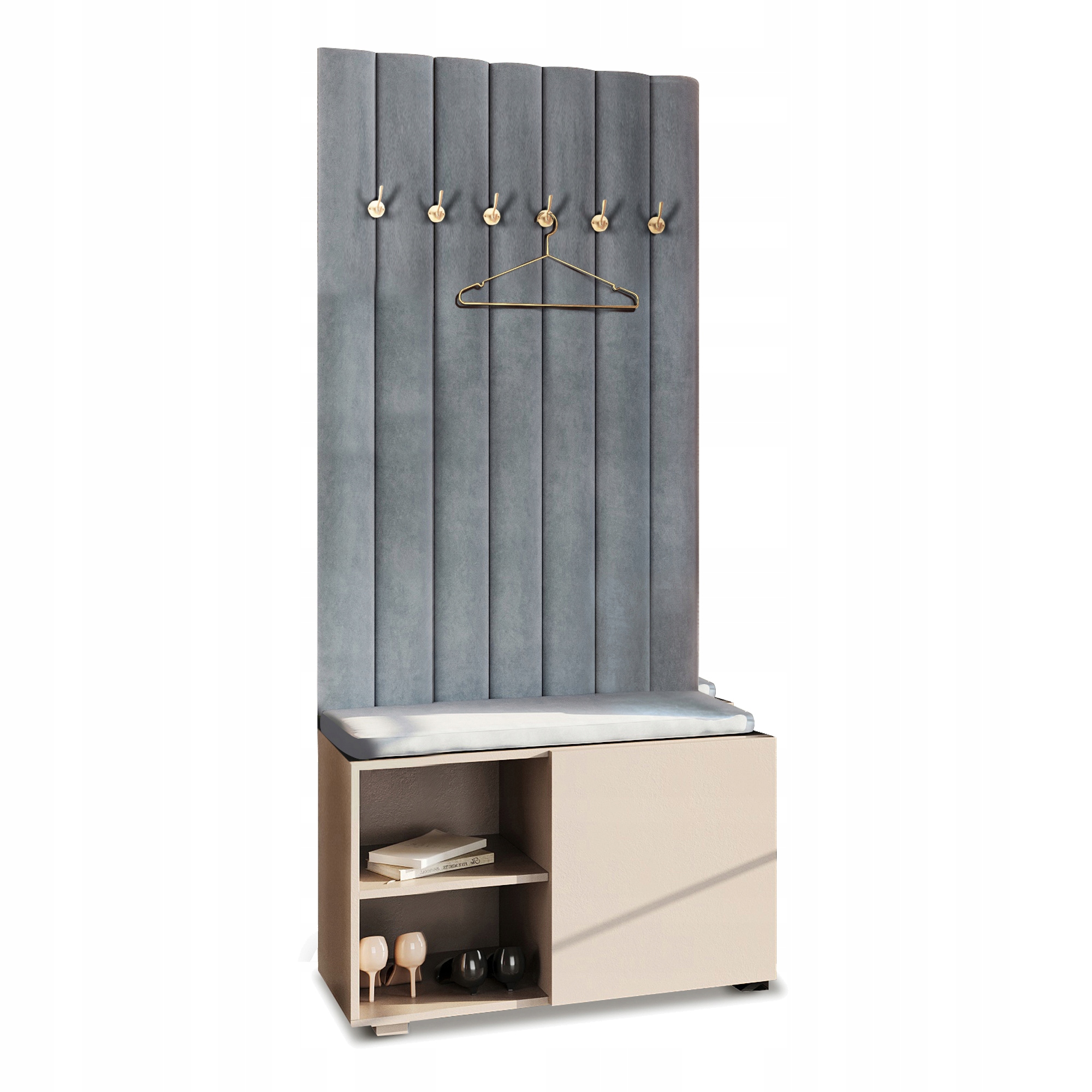 Šatní skříň do předsíně, věšák, čalouněný sedák Aria béžová Pto 70