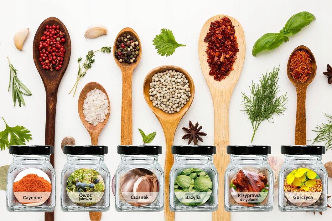 Słoik słoiki na przyprawy 120ml 24szt +192 naklejki W5 zakrętka Z55 łopatka Marka Akada