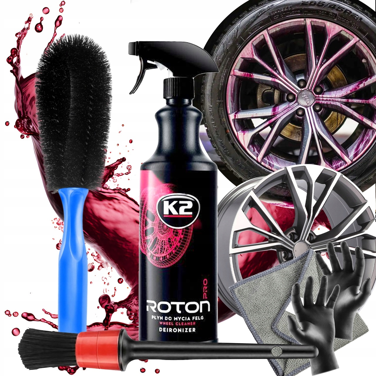 Zestaw Do Mycia Felg K2 Roton Pro Krwisty Efekt Deironizer Szczotka Pędzel
