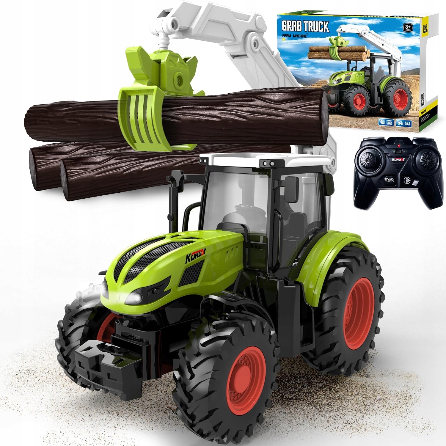 Zdalnie sterowany traktor Rc z chwytakiem i pniami drzew 1:24