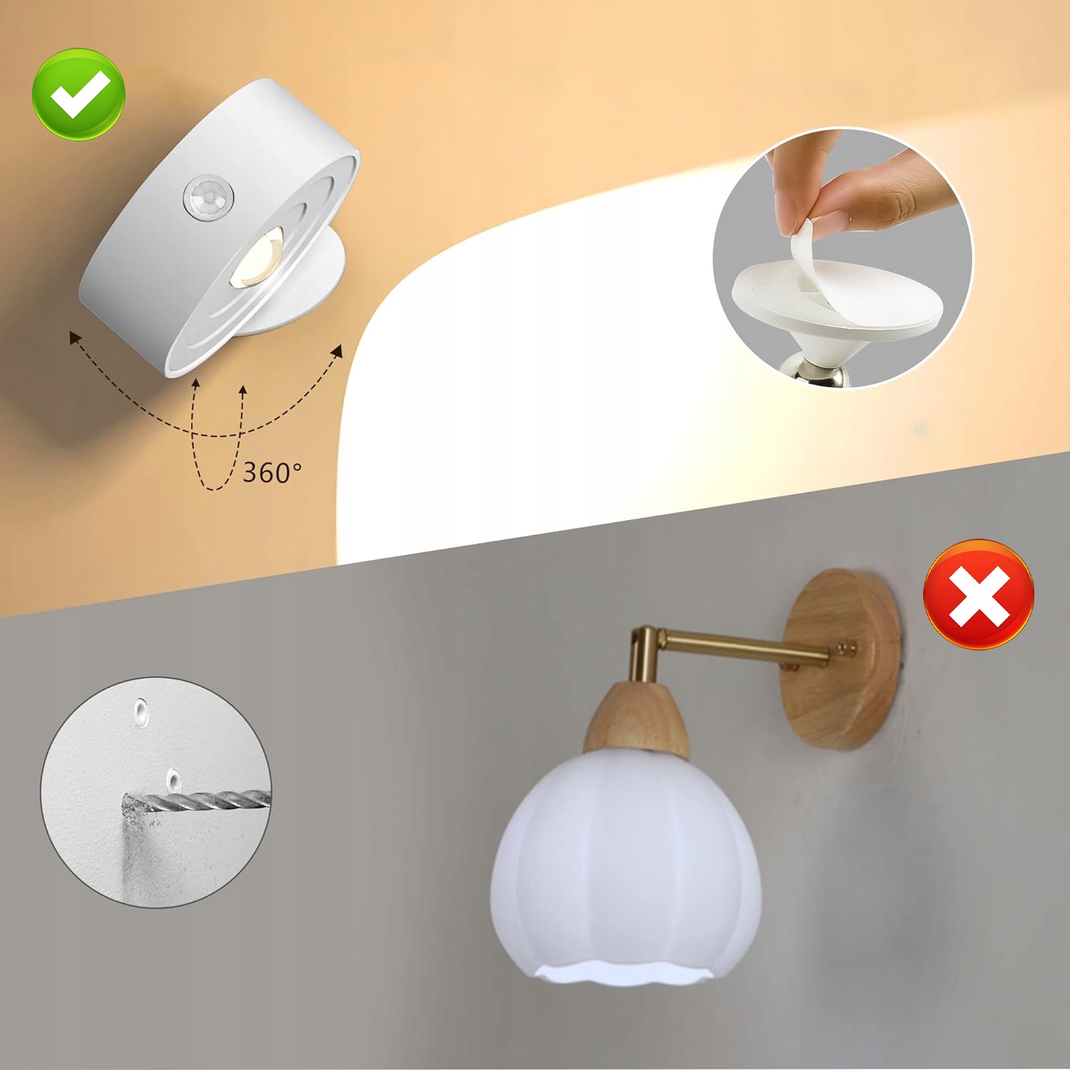 KINKIET WEWNĘTRZNY LED OBRÓT O 360° CZUJNIK RUCHU Długość/wysokość 12.5 cm