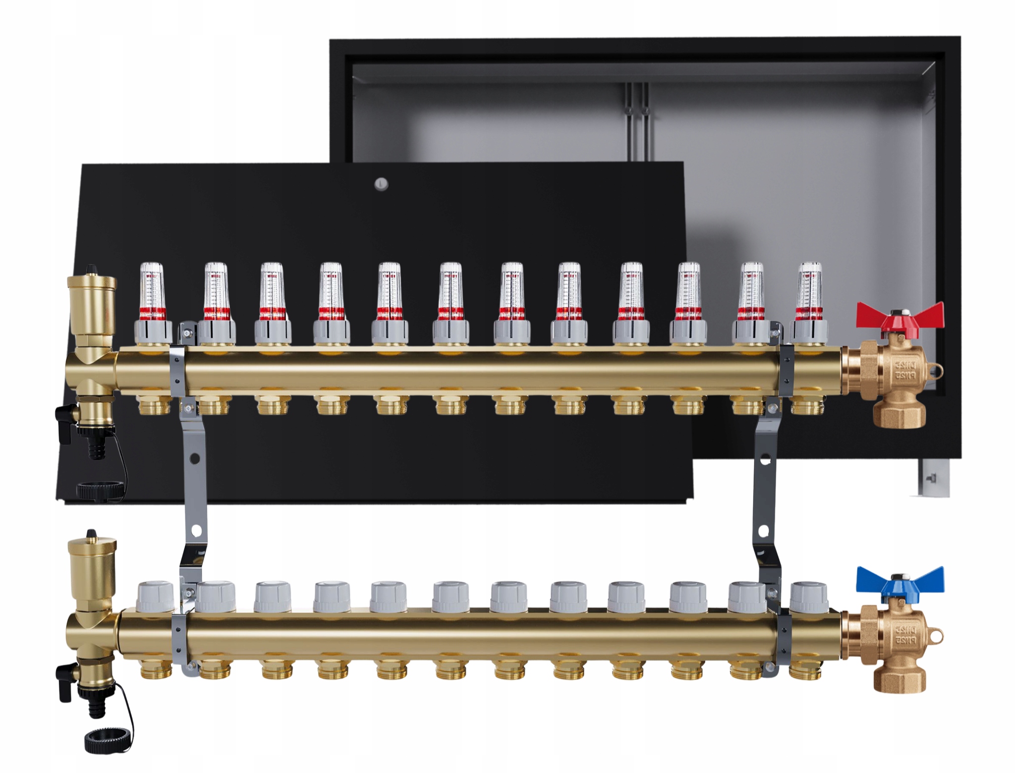 Rozdělovač podlahových krytin mosazný 12 okruhů podomítková skříň ventily