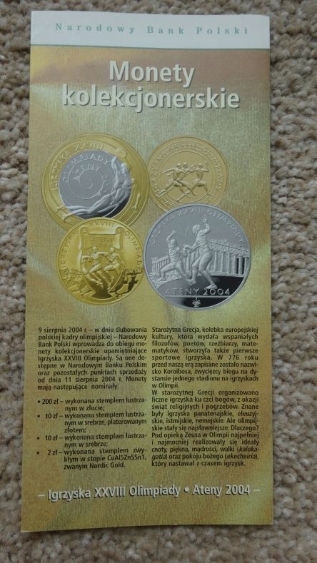 Folder 10 zł 2004,LETNIE IO ATENY 2004 ,stan I
